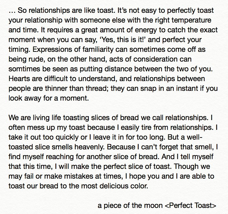 Passage 1. <Perfect Toast> from "A Piece of the Moon" by Ha Hyun