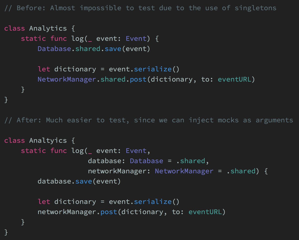 johnsundell's tweet image. If you've been struggling to test code that uses static APIs, here's a technique you can use to enable static dependency injection without having to modify any call sites 🚀 More in an upcoming blog post 👍