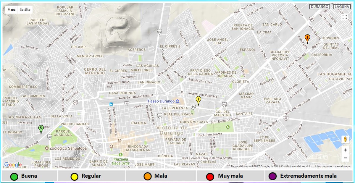 SimcaDgo's tweet photo. 08:25hrs 09/11/2017 La Calidad del Aire en la Ciudad de DURANGO es, PONIENTE😊BUENA 39 ICA, CENTRO 😌REGULAR 70 ICA y al ORIENTE 😬MALA 102 ICA https://t.co/Ckib8inona