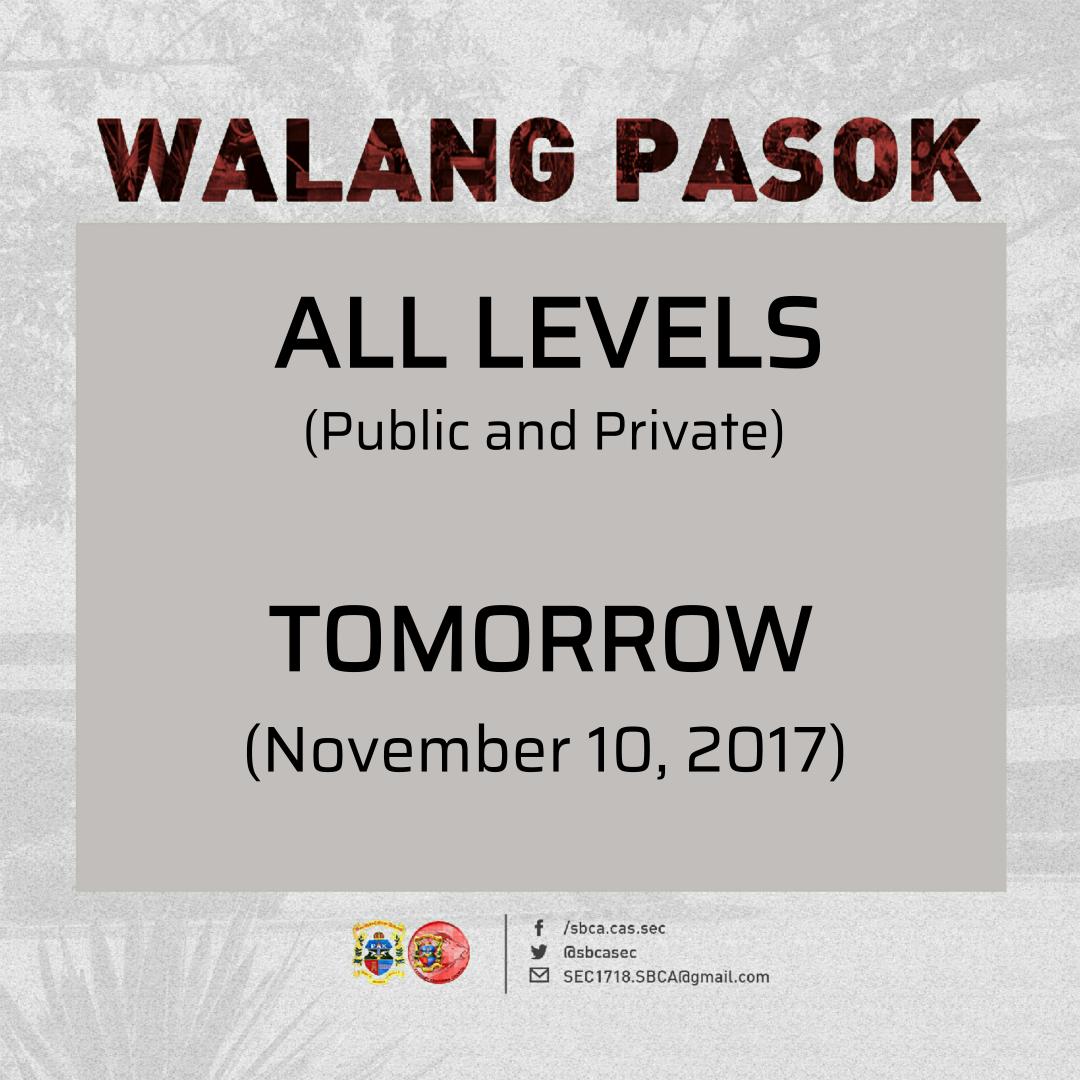 sbcasec's tweet photo. Due to inclemet weather, classes in Muntinlupa are suspended for tomorrow (November 10, 2017).

Stay safe, Bedans! 

Please stay tuned for announcements regarding the re-scheduling of exams. https://t.co/iyA9tZmuSu