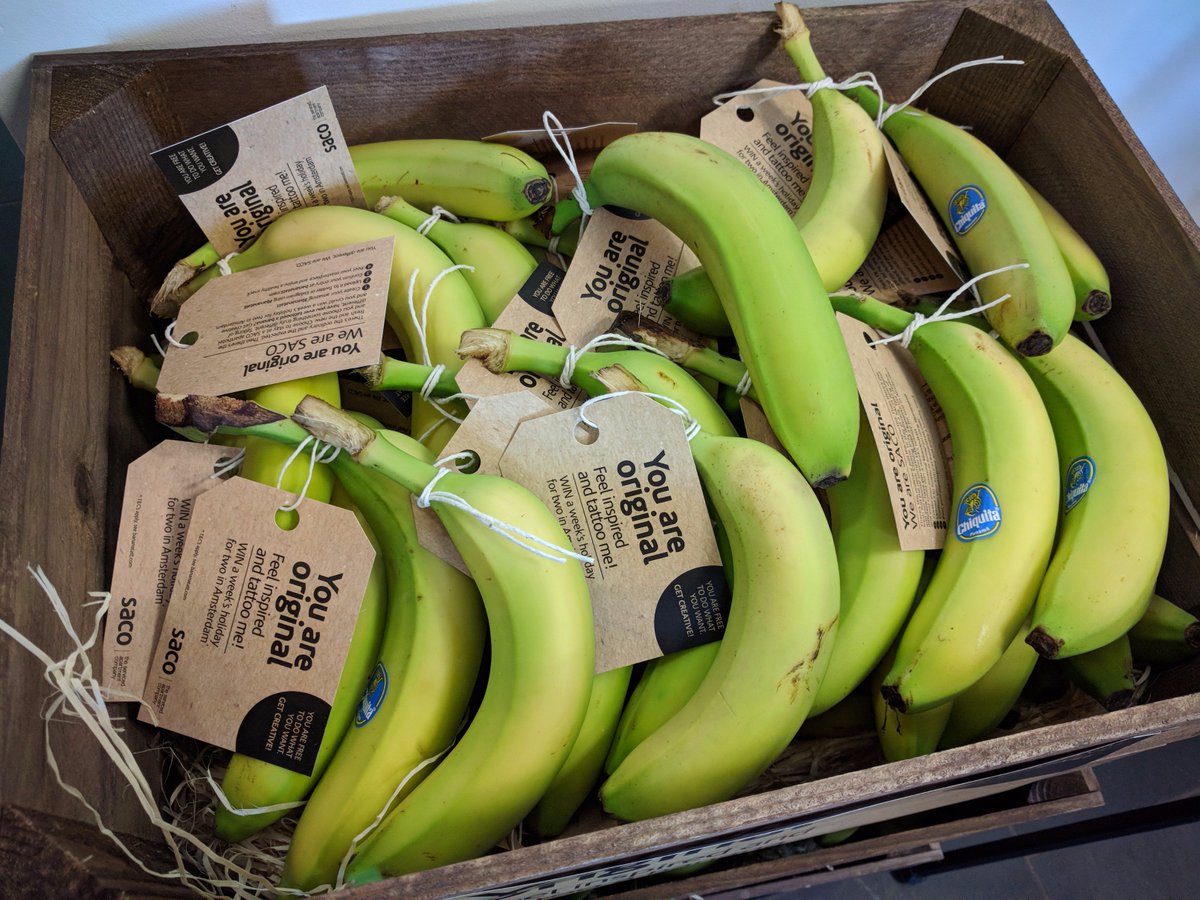 CampaignWorksUK's tweet photo. There's still time to enter the @SACOApartments banana tatt competition. Grab a 'nana, create your masterpiece, take a snap and enter here: https://t.co/d7ROKrhwzX Good luck! #bananatatt #marketing #fruitythinking https://t.co/JgMkJPRakw