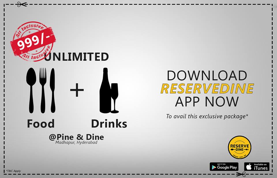 ReserveDine's tweet photo. #ExclusivePackage only for #ReserveDine #APP users
Yes you read it right!
#Unlimited Food &amp; Drinks at Pine &amp; Dine, only if you book this package from Reserve Dine App.
Know more about Pine &amp; Dine : https://t.co/4ksyHHBs4K https://t.co/vrPxpK8Qpe