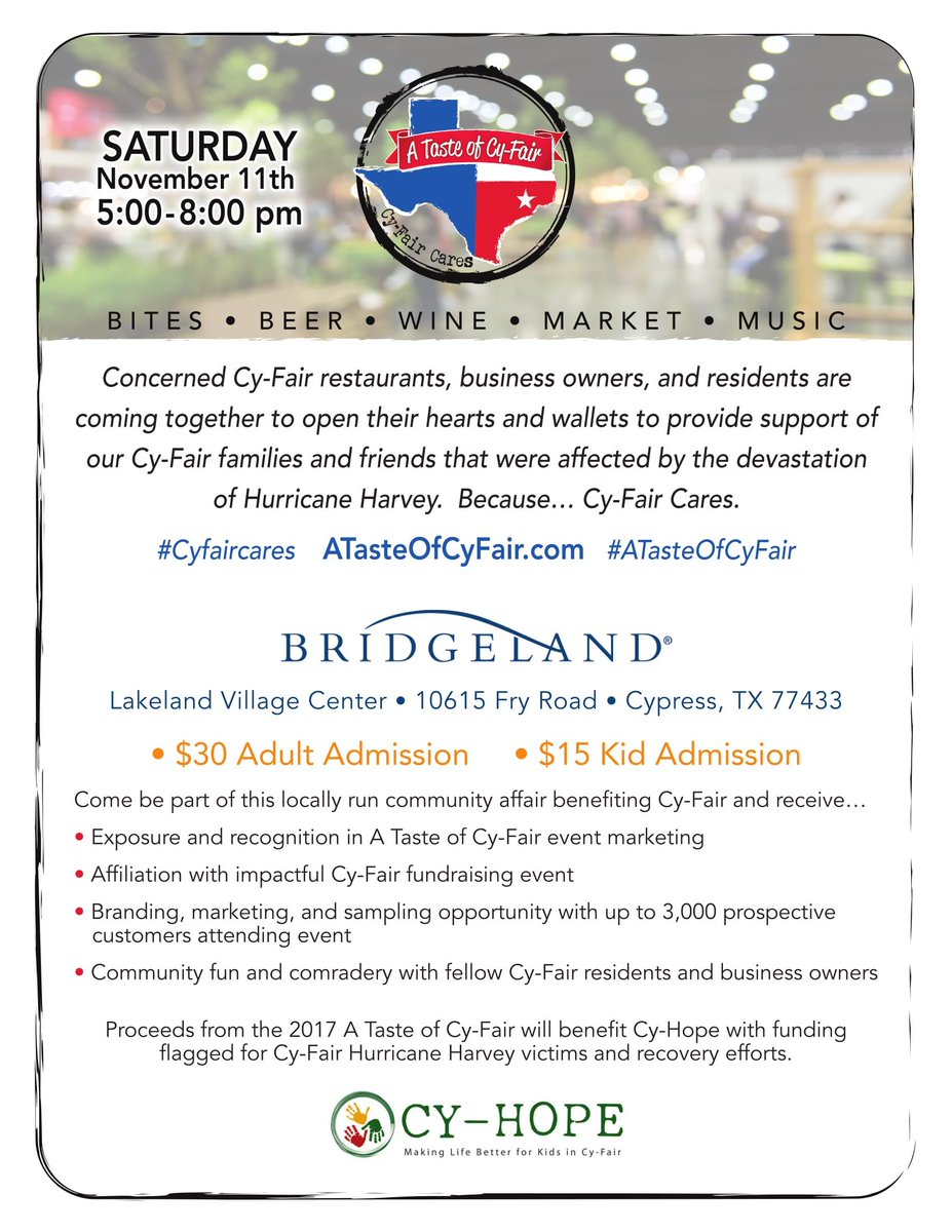 Taste of CyFair is this Saturday everyone! The money raised will benefit CyHope! #Cyfaircares #ATasteofCyFair Information in the poster below!