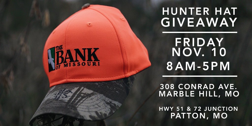 bankofmissouri's tweet photo. Don't forget! TOMORROW, The #BankOfMO in Marble Hill and Patton will give away orange hats to hunters who stop by between 8 am to 5 pm. These popular hats will be handed out on a first-come, first-serve basis. We'll see you, Friday! 🦌🦌 https://t.co/koGU8QDa0i