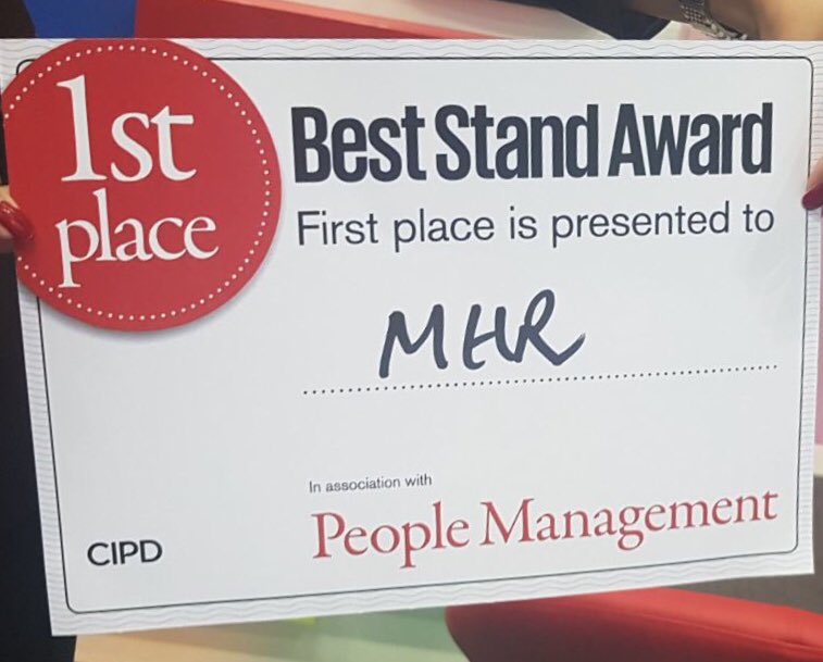 mhr_solutions's tweet photo. So we’ve only gone and won the BEST STAND AWARD at @CIPDACE2017 @mcr_central 2017. Great work to everyone involved at MHR for making this great award count, especially @4MatixLtd for our fantastic stand! https://t.co/lO7wNFve8b