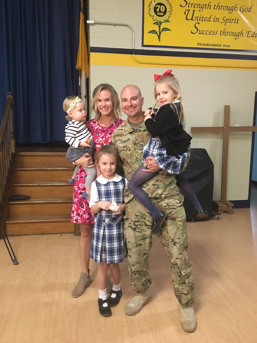 ShannelPearman's tweet photo. Welcome home Joshua Chason! After being deployed in Afghanistan since January, he just surprised his 3 girls McKinley, Kuiper &amp; Royce at St. Ursula School at what they thought was going to be a Veterans Day assembly. More on this surprise homecoming tonight at 5 on @ABC2NEWS https://t.co/lLo6o3URey