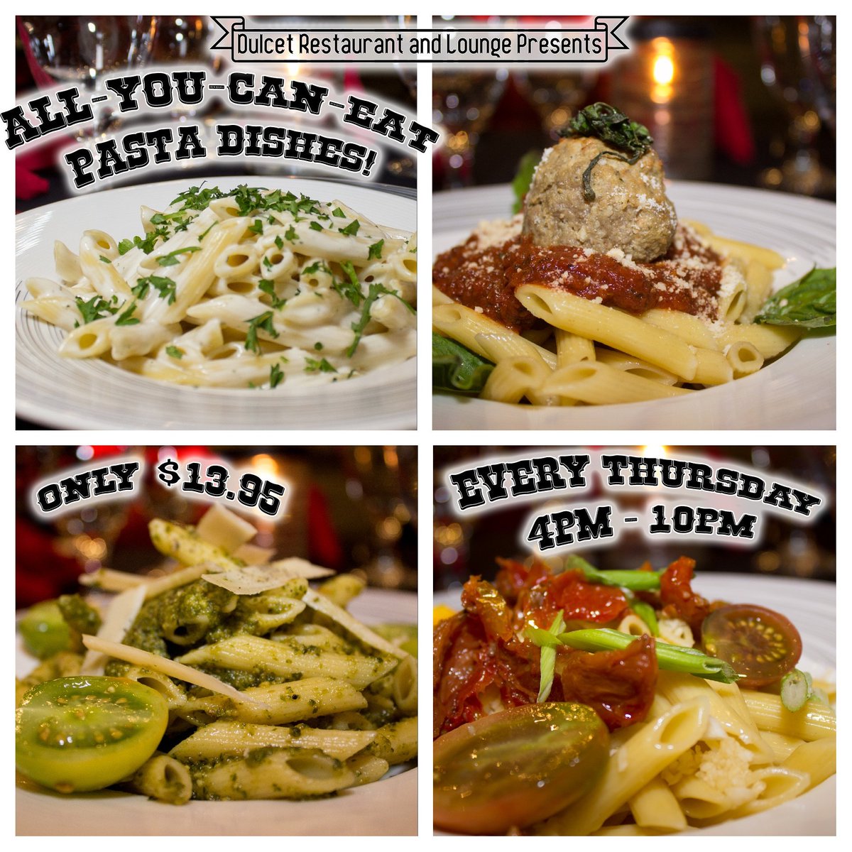 DulcetDining's tweet photo. EXPERIENCE DULCET'S all-you-can-eat PASTA DISH every Thursday for just $13.95! https://t.co/zEU4wzrDt6. Dinner from 4pm-10pm
#dulcetdining #allyoucaneat #LoveFL #tampabayeats #tampabay  #tampabayfoodie #creativeloafing #bestofthebay #tampafoodies #ClearwaterBeach #TampaBayArea https://t.co/SRo5yw1eU7