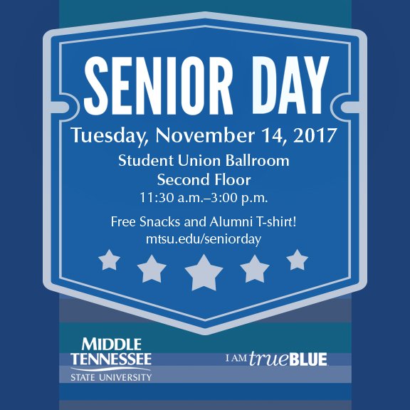 LIasAlumTa's tweet photo. December grads! Join us at Senior Day next Tuesday. Ask all the questions you need to wrap up your time here. Plus free food and your first alumni tshirt! #MTSU17 RT to your friends! https://t.co/2xrWycYTUH