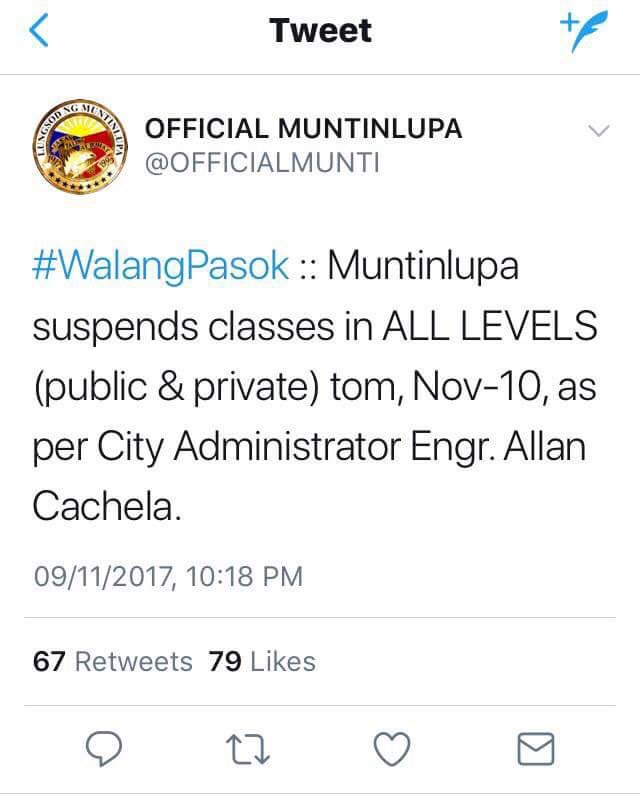 _WRSC's tweet photo. Classes tomorrow, Nov 10 2017 are suspended. Please stay safe and pray for the people who might be affected by the storm! https://t.co/uQ5Qhq4uYf