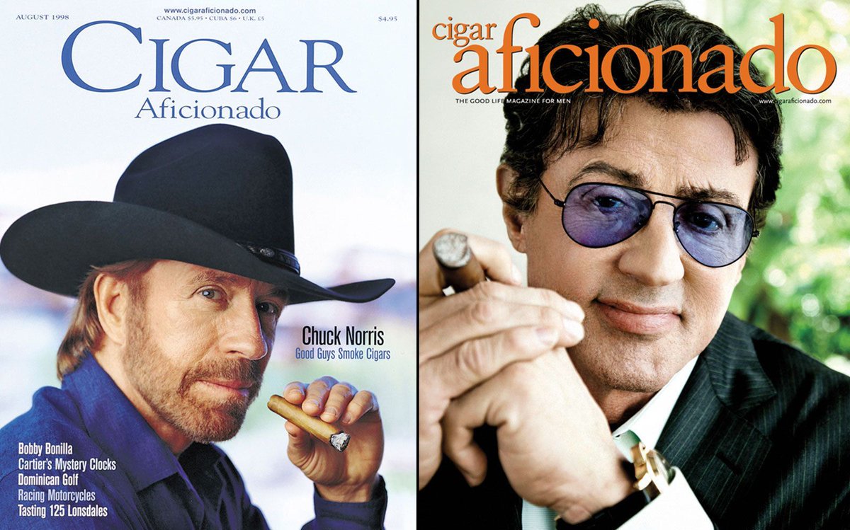 CigarAficMag's tweet photo. Legendary tough guys @TheSlyStallone and @ChuckNorris go head-to-head in Round 2 of Cigar Aficionado's Cover Challenge.
Vote for your favorite cover—and enter to win a box of well-aged cigars—by clicking here: https://t.co/n2KnjCsGYb https://t.co/i0mXUoqDcI