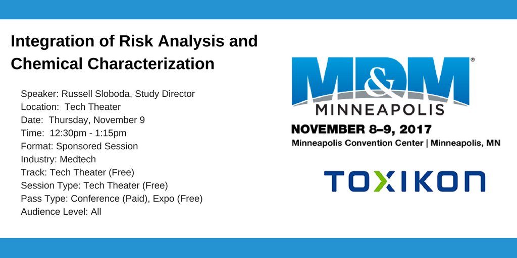 ToxikonCRO's tweet photo. Donโt miss our tech theater today @12:30pm! Integration of Risk Analysis and #ChemicalCharacterization #AdvMfgExpo https://t.co/i0AqTQzEf6