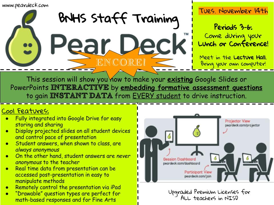 Katy Barrey (@katybarrey) on Twitter photo Successful day yesterday presenting <a href="/PearDeck/">Pear Deck Learning</a> to <a href="/ByronNelsonHigh/">Byron Nelson HS</a> wearing my #peardeckswag! Due to popular demand, an ENCORE repeat session will be hosted Tues 11/14 during all 4 lunch periods. Invite your PLC partners to maximize your next steps! Successful day yesterday presenting <a href="/PearDeck/">Pear Deck Learning</a> to <a href="/ByronNelsonHigh/">Byron Nelson HS</a> wearing my #peardeckswag! Due to popular demand, an ENCORE repeat session will be hosted Tues 11/14 during all 4 lunch periods. Invite your PLC partners to maximize your next steps!