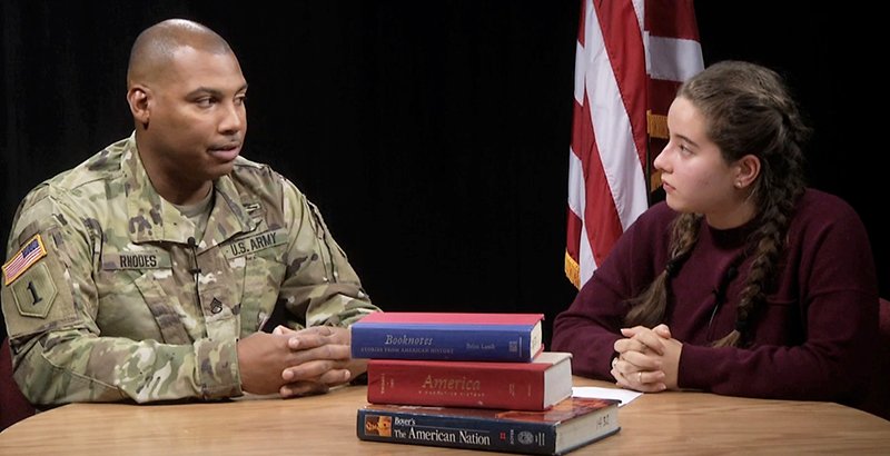 NiskayunaCSD's tweet photo. Senior Mariah Mizbani recently sat down and spoke with veterans Will Rhodes (Class of '00) and Jim Wilson (VFW) about their experiences. The filmed segment is being shown today in the Little Theater in recognition of Veterans Day. Students, go check it out! https://t.co/xGOCcDUB6X