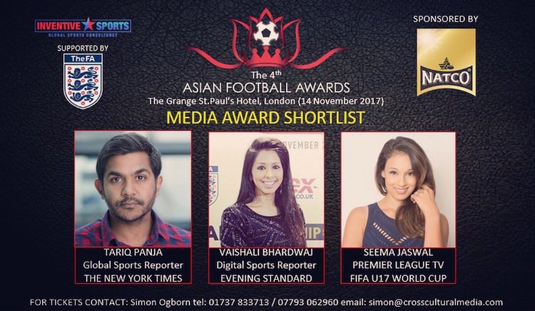 seemajaswal's tweet photo. Honoured to be on the @AFootballAwards #Media shortlist. I'm looking forward to attending the awards in #London next week. A fantastic event showcasing all the great effort and achievements by Asian’s in #Football ⚽️ Congrats to all nominees 👍🏽 #AFA2017 https://t.co/YayRFREL5m
