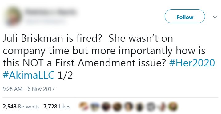 ACLU_DC's tweet photo. After @julibriskman was fired from #AkimaLLC, people have asked: what about her First Amendment rights? We explain the rights you do--and don't--have at work: https://t.co/bPPSS1HFQf https://t.co/8ad0OdL9tm
