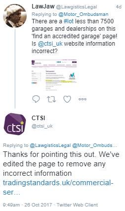 Lawgistics_UK's tweet photo. We note the Chartered Trading Standards Institute have removed @Motor_Ombudsman's original count of 7500 accredited garages from their website as it is believed to be incorrect... https://t.co/Sjd0SoMPmu #AML2017 #AMLive2017 #MotorTrade https://t.co/r6vWdpf3wg