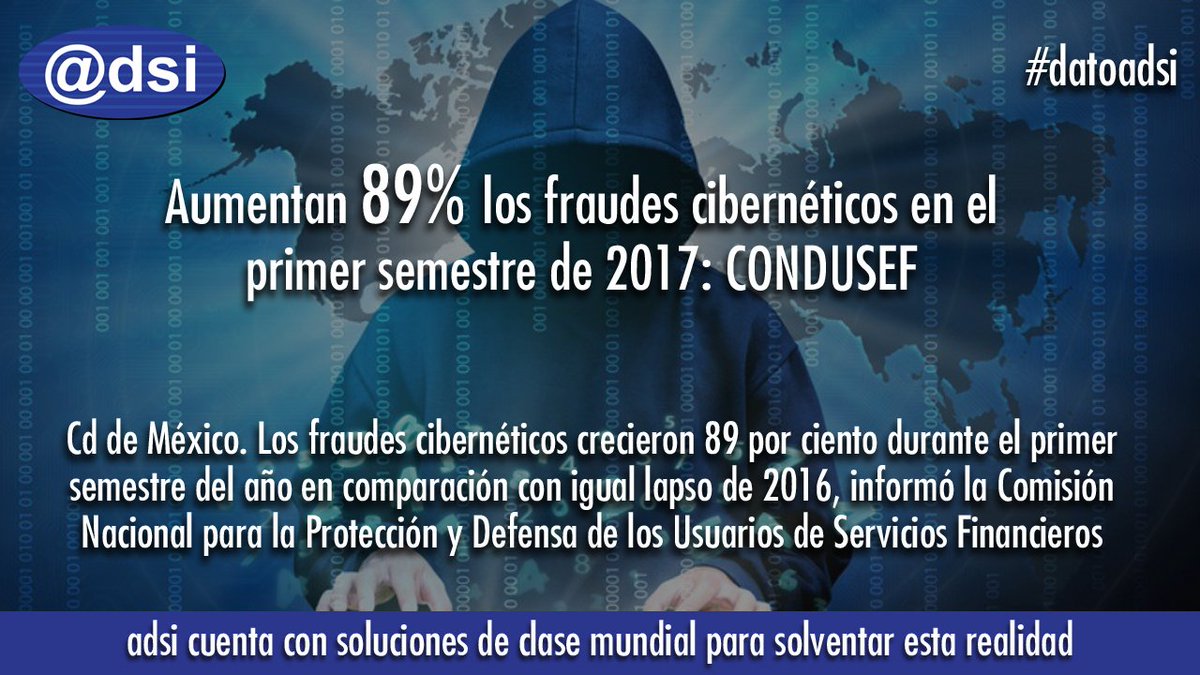 ADSINTL's tweet photo. ConduSef señaló que desde el primer semestre de 2011 el fraude  cibernético pasó del 8% de las reclamaciones por posible  fraude, al 47% al cierre de junio pasado. El monto reclamado  ascendió a 2 mil 520 millones de pesos, del cual fue bonificado únicamente el 57%. https://t.co/eiU6WdpnRx