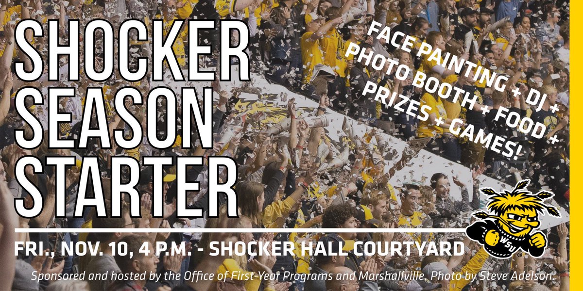 mville_wsu's tweet photo. What: Shocker Season Starter
When: Tomorrow 4-6pm
Where: Shocker Hall Courtyard
Why: FREE food, FREE games, FREE prizes, &amp; more 

Now all we need is YOU! 

#Marshallville #FillTheVille https://t.co/zABUa6jmaE