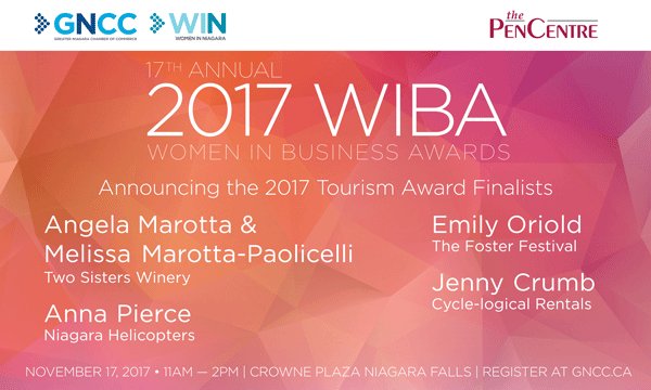 GNCC_WIN's tweet photo. Congrats #WIBA2017 Tourism Award Finalists @2SistersVine
@NiagaraHeli @emilyoriold @PortCycleRental Event Sponsored by @thepencentre https://t.co/eJ0patMWvD