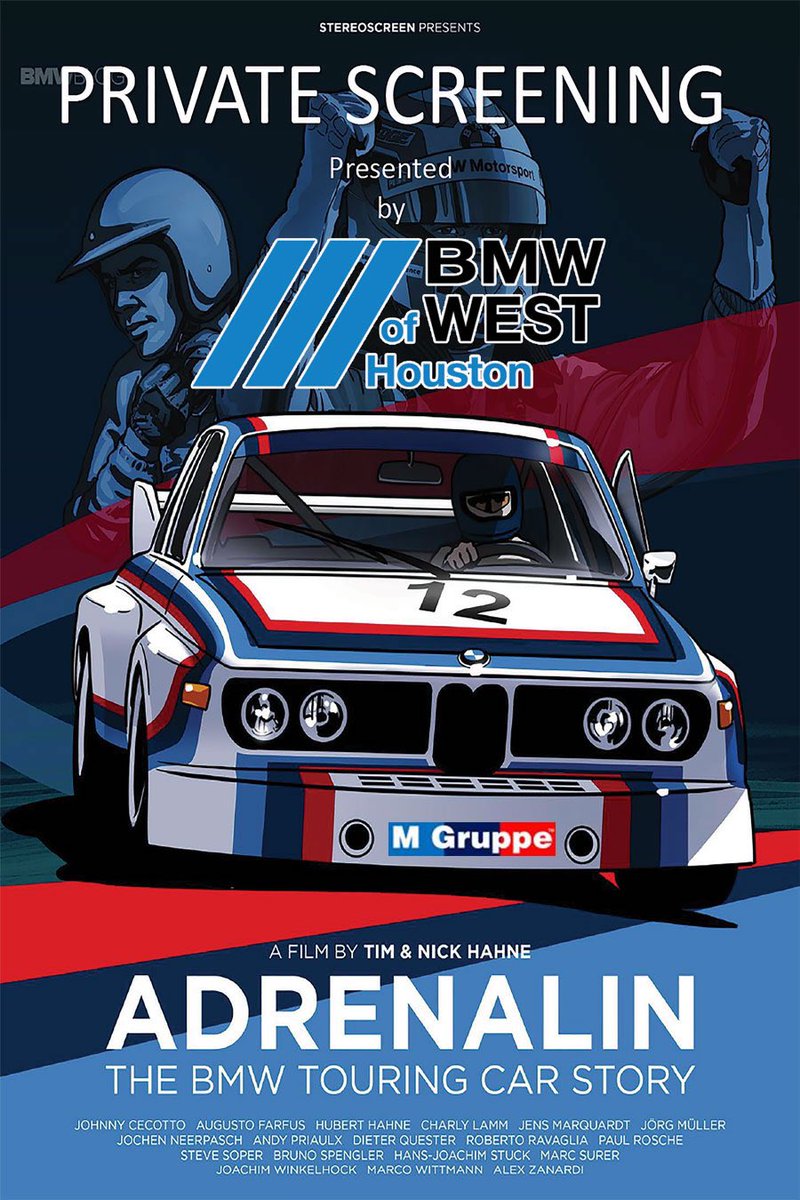 BMW_West's tweet photo. BMW of West Houston is excited to host a PRIVATE SCREENING of Adrenalin, The BMW Touring story 50 years in the making.  Limited spaces available for ///M Owners ONLY this Saturday @ Studio Movie Grill. For more info email adiesen@mgruppe.org https://t.co/fWwMuj7FQo