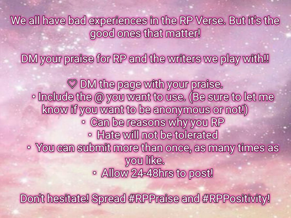 We all have bad experiences in the RP Verse. But it's the good ones that matter!

DM your praise for RP and the writers we play with!!