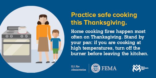 PrepareAthon's tweet photo. Home cooking fires peak on #Thanksgiving. Know the risks &amp; share how to stay safe with these @USFire tips: https://t.co/ZKh5bKrJye https://t.co/JnAZteDR9O