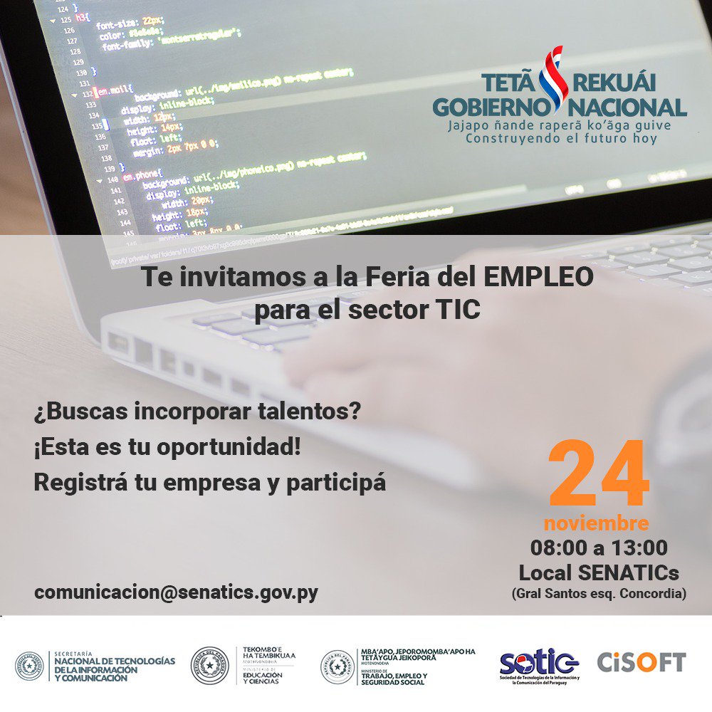 DGE_Py_'s tweet photo. Te esperamos el 24 de noviembre en la FERIA DE EMPLEO para el sector TIC ¡Esta es tu oportunidad! Te esperamos en Gral Santos esq. Concordia https://t.co/7t6SHc87Qv