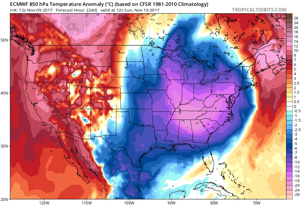 SouthernINWx's tweet photo. Temp anomalies late next week with this upcoming cold blast. Euro is being very bullish with the cold. GFS not far behind. Will see what upcoming runs say. #AgWx https://t.co/2yJnANEMAl