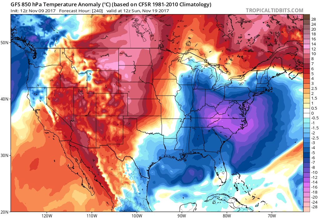 SouthernINWx's tweet photo. Temp anomalies late next week with this upcoming cold blast. Euro is being very bullish with the cold. GFS not far behind. Will see what upcoming runs say. #AgWx https://t.co/2yJnANEMAl