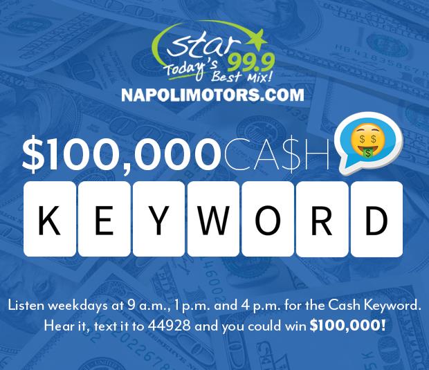 STAR999radio's tweet photo. Your next shot at FREE MONEY coming up @ 4PM w/ @KevinBegley for the @Napoli_MotorsCT #CashKeyword! https://t.co/KzXdVhWguY