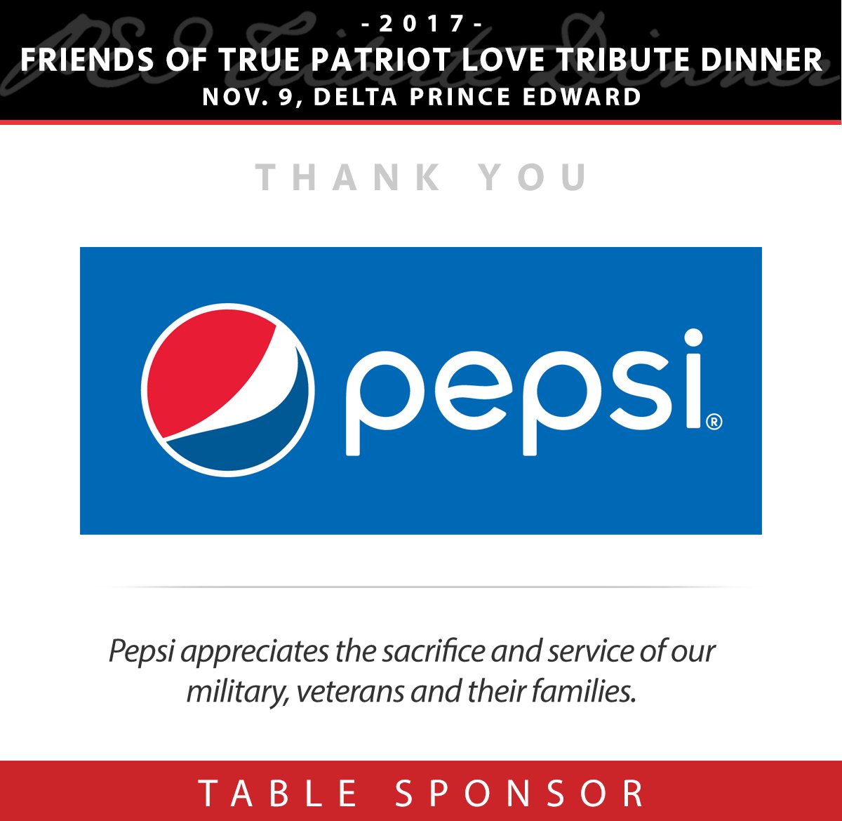 PEITribute's tweet photo. Thank you @pepsi for being a Table Sponsor of the #PEI Tribute Dinner! https://t.co/hWxHIVSMmh