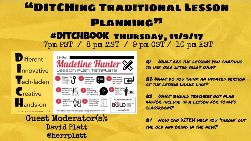 herrplatt's tweet photo. #DitchBook tonight at 7pmPST. Topic: DITCHing Traditional Lesson Planning @jmattmiller @jcorippo @KarlyMoura @SEANJFAHEY @rachelmarker @sandyrotto, @emosier3 @TTmomTT @craigklement @leadlaughlearn @burgessdave https://t.co/NvWHcznZ46