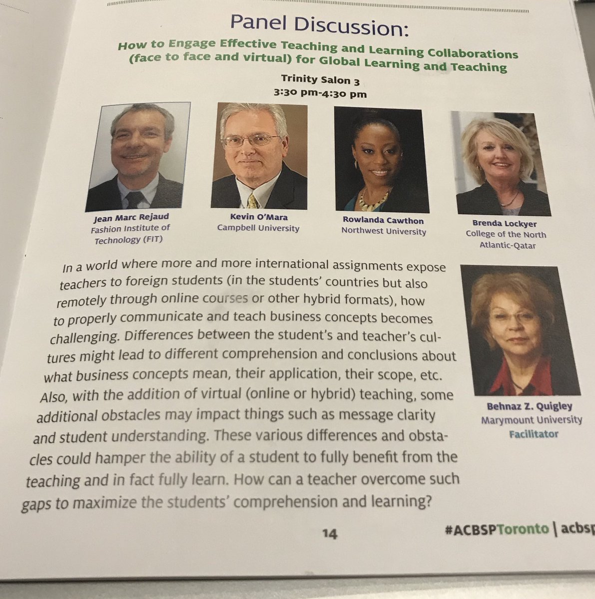 acbspglobal's tweet photo. Two panel discussions round out our Thursday sessions: How to Engage Effective Teaching &amp; Learning Collaborations for Global Learning &amp; Teaching in Salon 3 &amp; Expert Canadian Panel on Accreditation in Salon 4. Both are starting now. #ACBSPToronto https://t.co/k60qpQjy1y