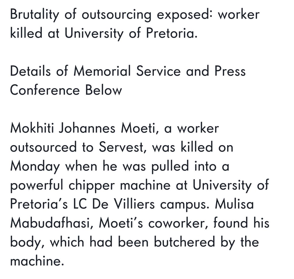 The_Fabled_Fez's tweet photo. .@UPTuks please release a statement regarding Mokhiti Moeti, an outsourced worker believed to be butchered while working at LC campus while using a compost making machine he may not have been skilled enough to use? #CountryDuty https://t.co/chLIF6R0R2