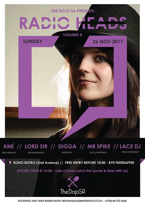 Thedojosa1's tweet photo. Finally!!! A female act headlines the series. #TheDojoSA presents #RadioHeads Volume 4 of 7 with #Ané. 26 Nov 2017 https://t.co/eE7M3LzPmf