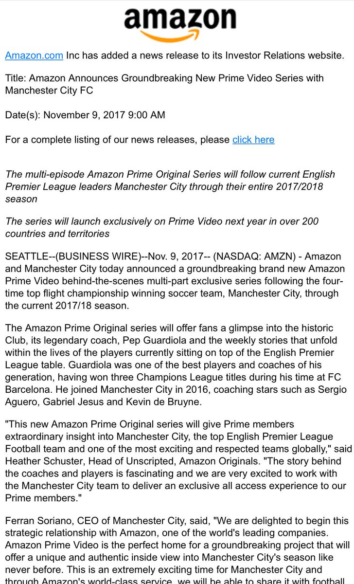 paolopescatore's tweet image. Amazon follows Netflix in producing a documentary on a football club; exclusive for #AmazonPrime subs #MCFC #originalprogramming