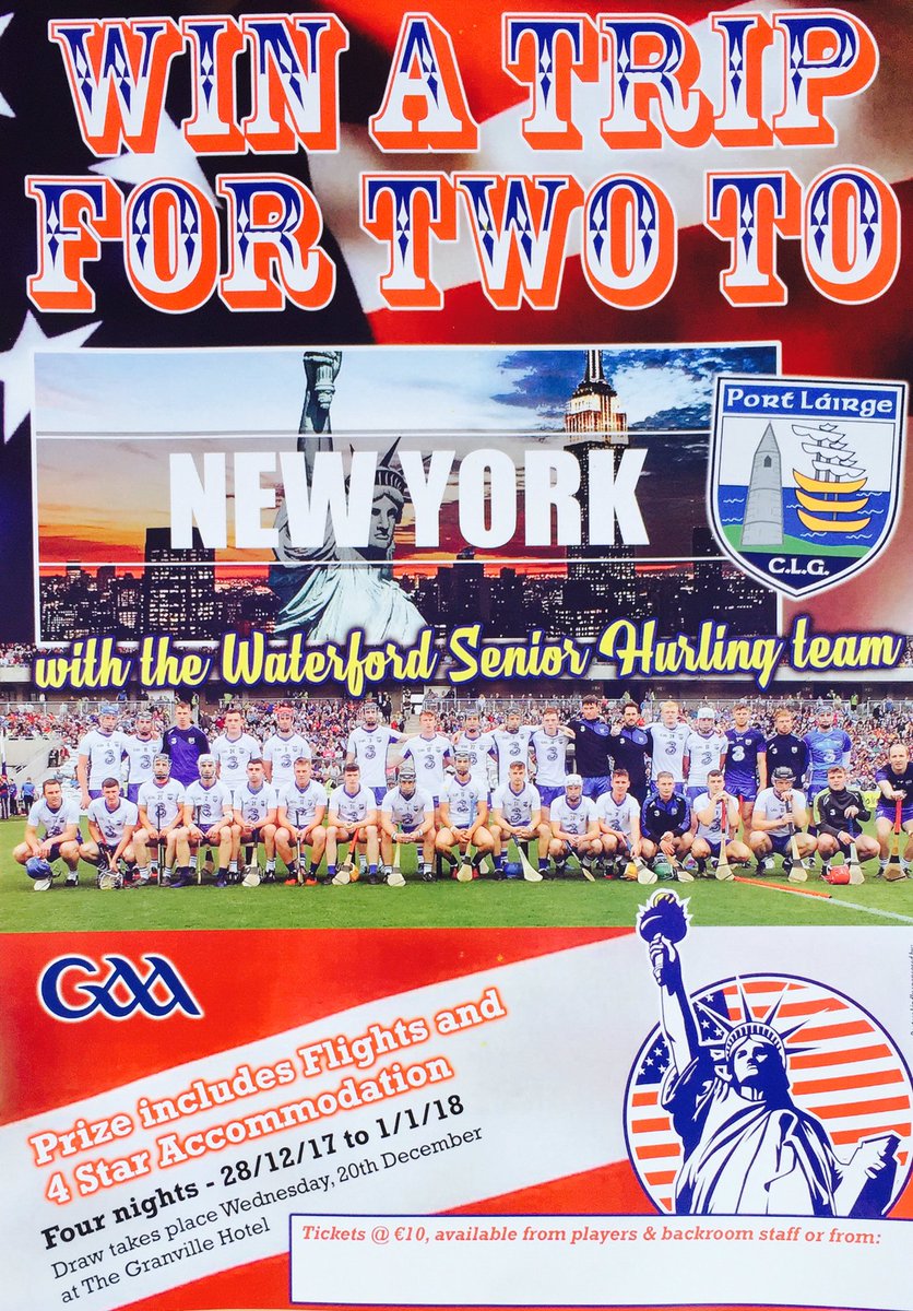 Keep an eye out in dungaravan shopping centre 2morrow 12-7pm and Sat 10-6pm where the hurlers will be selling tickets for a chance to win a holiday for 2 to New York .Unreal prize for just 10e a ticket .All support welcome. <a href="/jbarron_26/">Jamie Barron</a> is opening the show at 12 <a href="/AussieGleeson/">AussieGleeson</a> RT