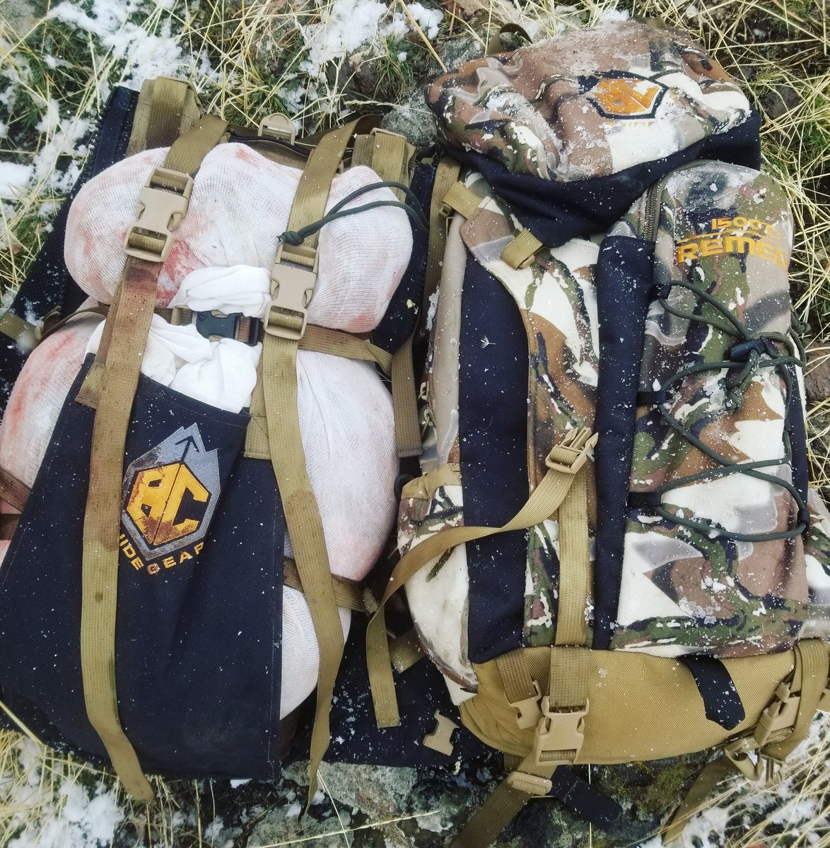 Idaholadyhunter's tweet photo. Loaded up with the first load of my husband's bull. I've packed out 5 elk and 1 deer so far this year. Hoping to add a few more deer to that list this weekend. Love my @bcguidegear pack and Talon frame! #bcguidegear #traintohunt #idaho #elk https://t.co/Qvg0g39lUR