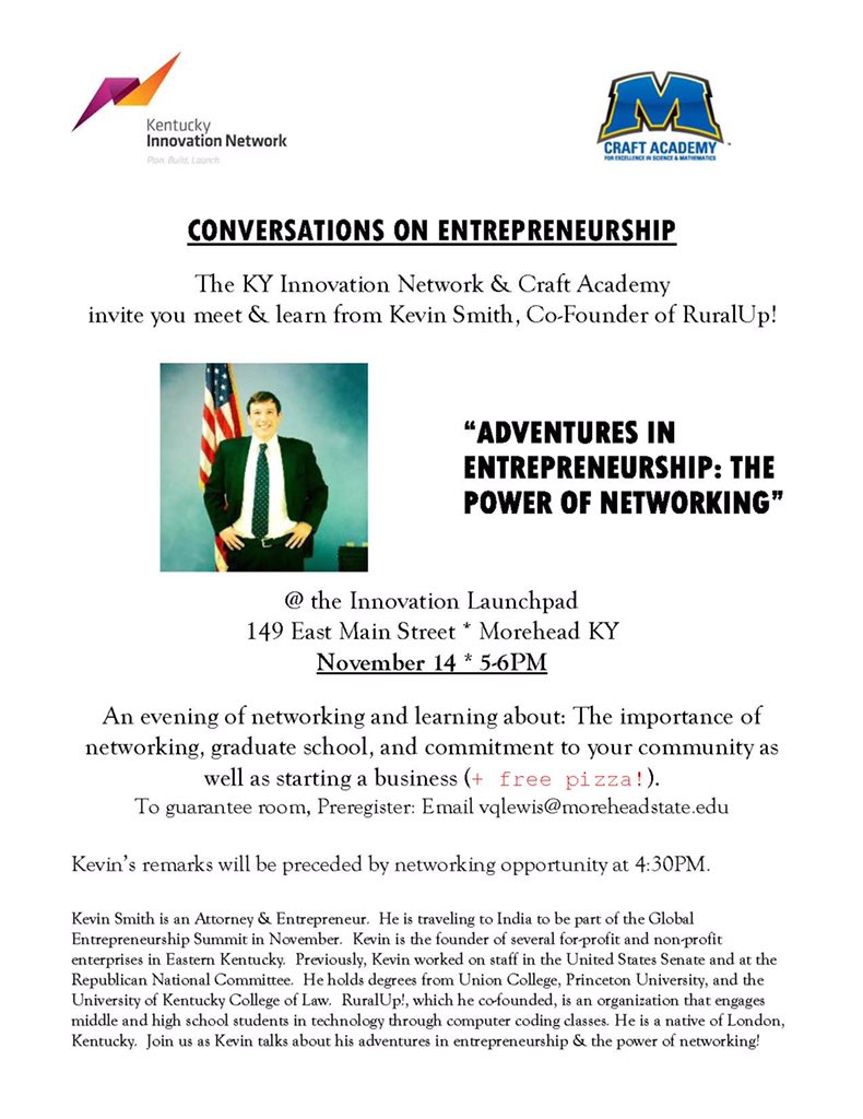 KyJohnCGay's tweet photo. For global #entrepreneurship week, excited to partner w/ @MSUCraftAcademy to host @ruralup CEO @Kevin_R_Smith Tues- @LaunchpadRocks #Gew2017 https://t.co/uDf9rvjgrw