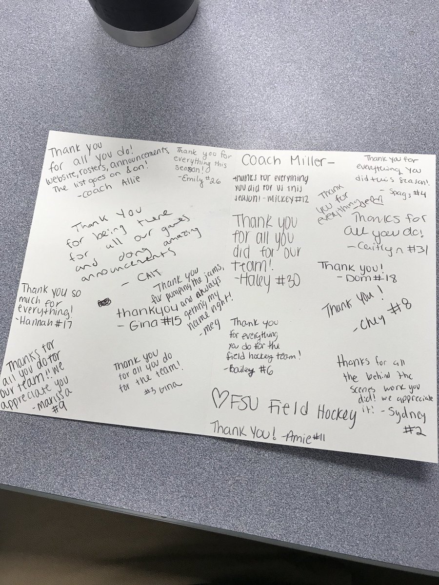 CoachMillerSB's tweet photo. Big thanks to FSU Field Hockey for the thoughtful card during #thankyourSID week! FRAMily https://t.co/z1U1pBETdA