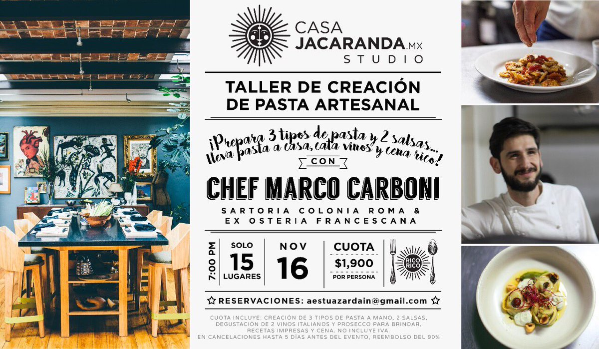 CasaJacarandaMX's tweet photo. ¿Ya se inscribieron a su clase de pasta con el chef @Marcarboni ? Los esperamos el 16 de nov a las 7:00 pm. Info en mail o inbox. https://t.co/ovfynk6Oaw