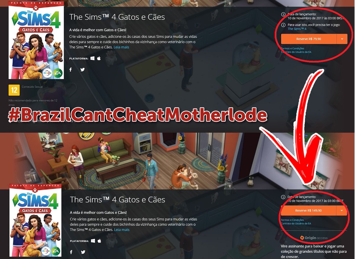 SaveSims4's tweet photo. Why did you raise the price in 87% only in Brazil ? We cannot put up with it, we play the sims but there is not "motherlode" in real life, it is a shame, The Brazilian is so disappointed. Give our price back #BrazilCantCheatMotherlode @_EABrasil @EAHelp @TheSims @SimGuruDrake https://t.co/5n1ANavCj1