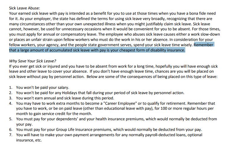 BGPolitics's tweet photo. From the Ky state employee handbook: "Remember that a large amount of accumulated sick leave with pay is your cheapest form of disability insurance." Not always about hoarding, then. ^JC https://t.co/FJ0xl8a0aB