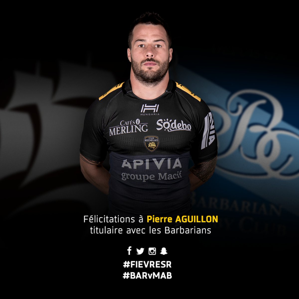 staderochelais's tweet photo. Très content pour Pierre #Aguillon qui sera titulaire face aux Maori All Blacks avec les @Barbarian_RC #clubfier #fievreSR #BARvMAB https://t.co/4VTew52z9o