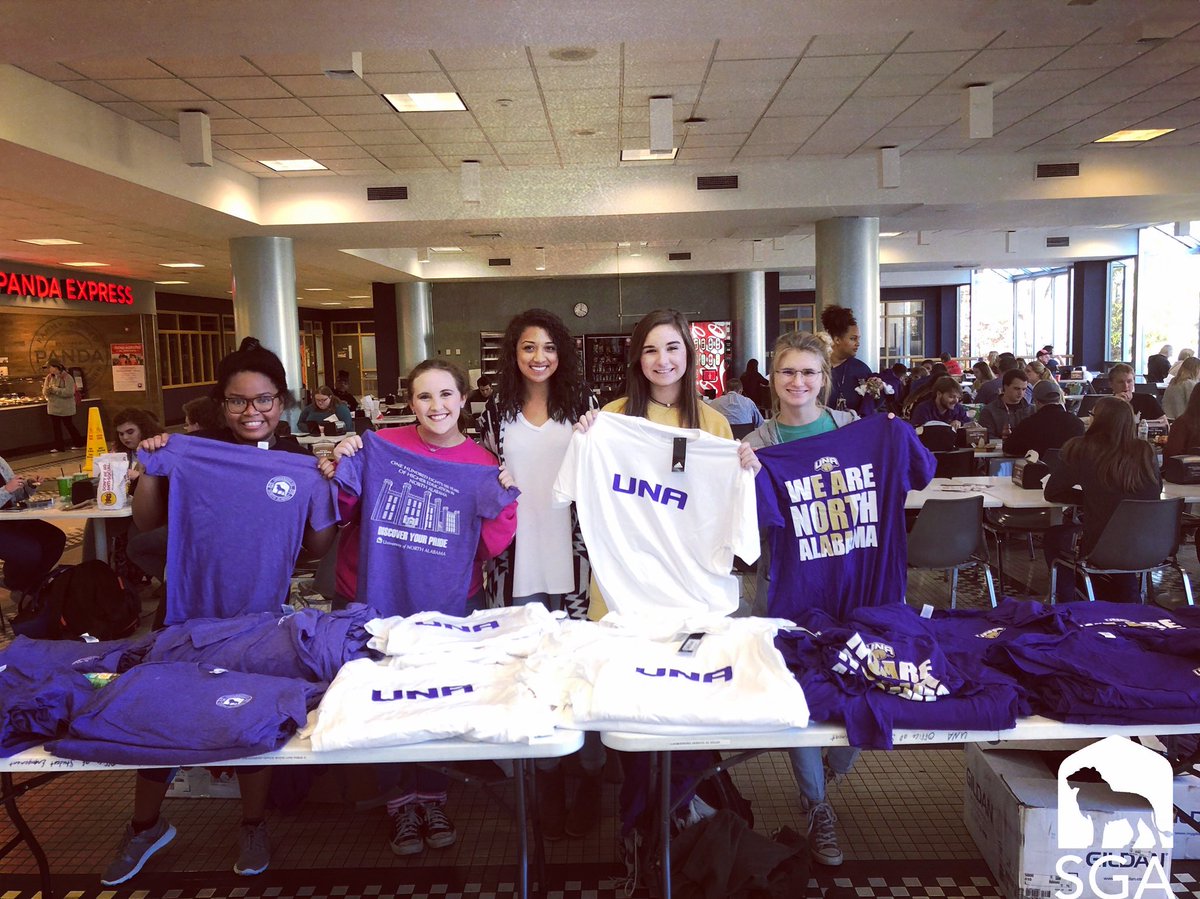 unastudents's tweet photo. The spirit committee is ready for you and here until 3PM! Come trade in your shirts from other schools for exclusive UNA Athletics and Adidas shirts! #myUNA #unastudents https://t.co/fmsHtXGLny