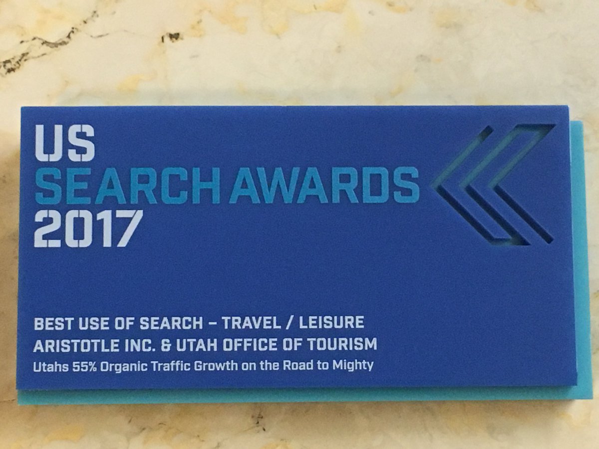sstashuk's tweet photo. @AristotleBuzz and #Utah just WON the #USSearchAwards for Best Use of Search Travel/Leisure! 

https://t.co/V5ZHAqkxdY

#Pubcon https://t.co/Tq647yyrZM
