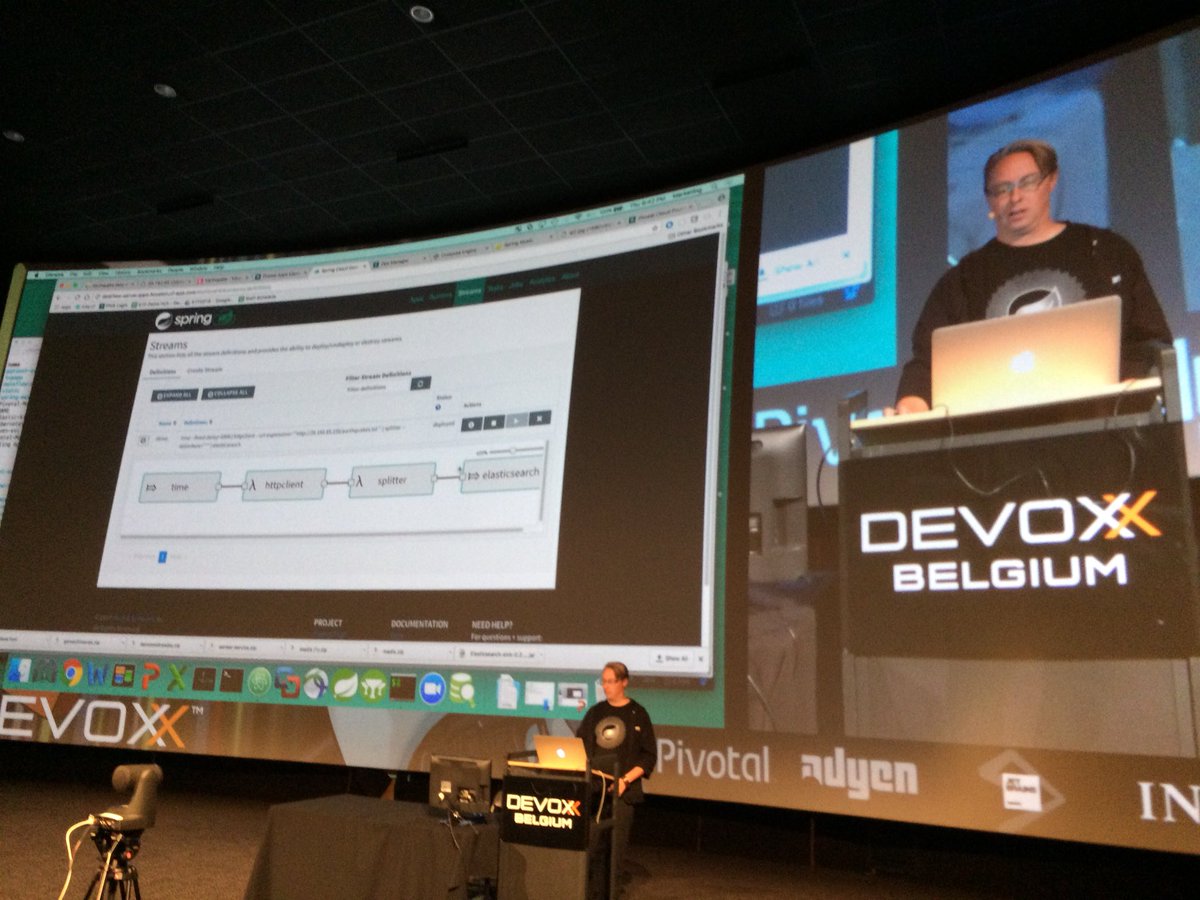 trisberg's tweet photo. @PieterHumphrey showing off Spring Cloud Data Flow on CF streaming data to a Kubo service @springcentral @devoxx https://t.co/b85um0hBfm