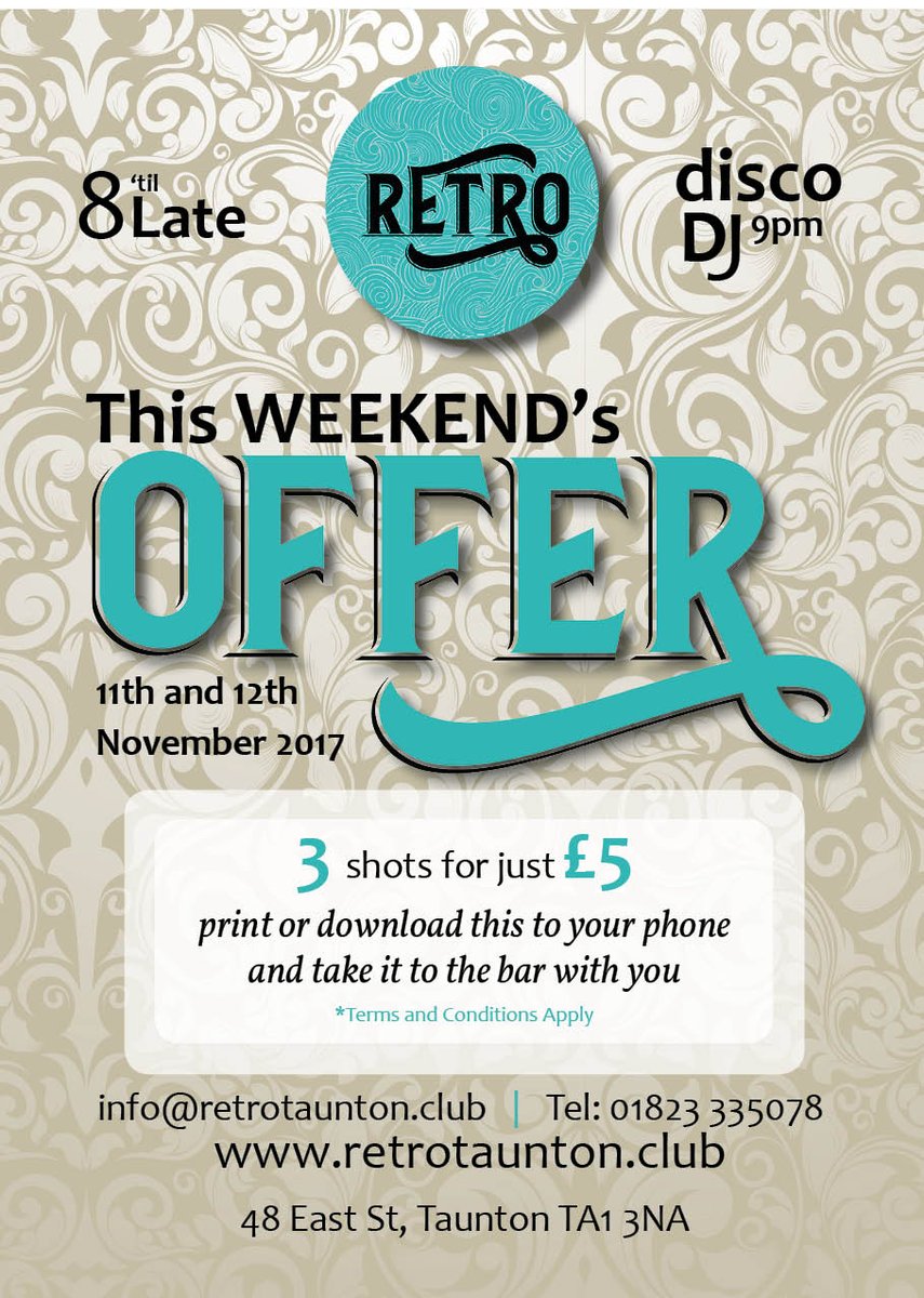 RetroTaunton's tweet photo. Ready for the next great offer for this coming weekend? 3 shots for £5 with this voucher! Come and party with great music in #Taunton https://t.co/8o9PmMHGtL