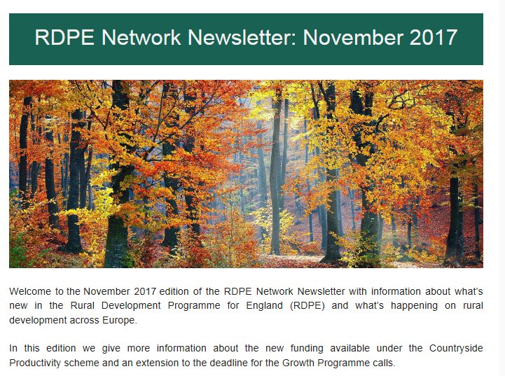 RDPENetwork's tweet photo. The new RDPE Network Newsletter is out now with news of the funding available under the Rural Development Programme for England https://t.co/RdpCywd2b8 #RPDE https://t.co/aHz1xIY0O2