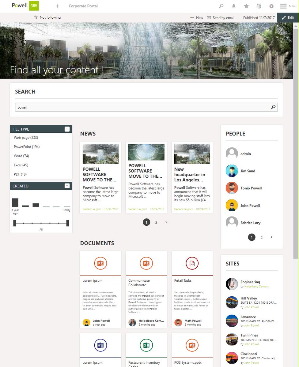 flepors's tweet photo. A @SharePoint communication site built with @Powell365News #SPFx extensions, #SPFx web parts powered by @microsoftgraph and a @OfficeUIFabric modern theme. Finally, deployed with @officedevpnp API.   Thank you #SharePoint team for all your work ! https://t.co/JrEneUwQjZ